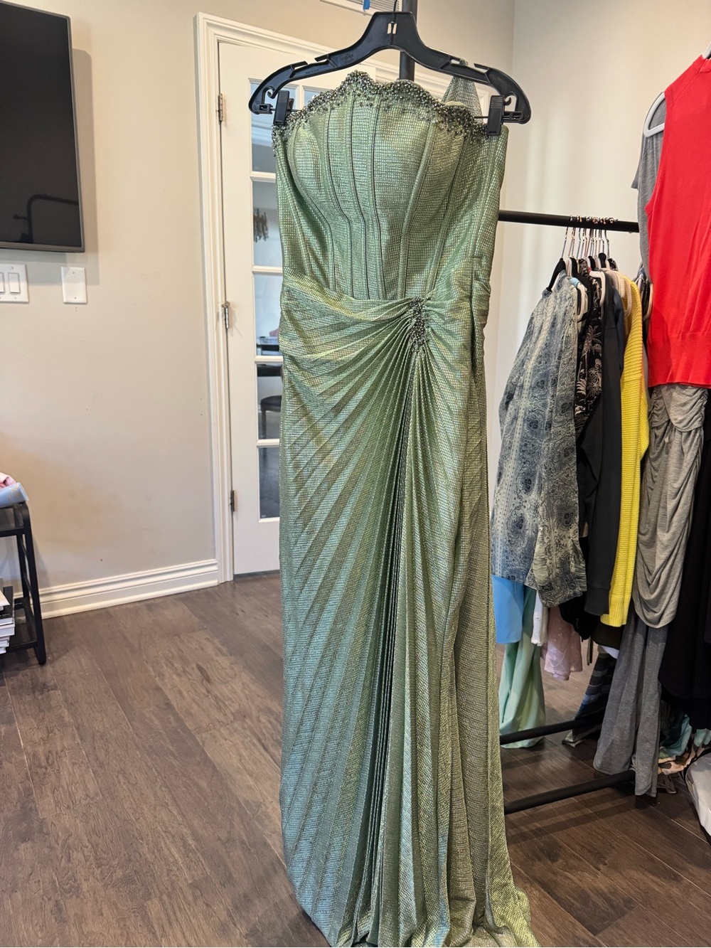 Strapless Draped Evening Gown in Sage Green